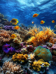 Obraz premium Explore the captivating underwater world filled with colorful corals and lively fish. This vibrant coral reef showcases the beauty and diversity of marine life in crystal-clear waters.