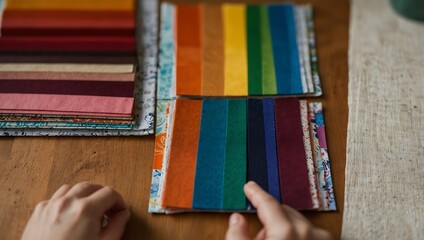 A person's hands explore colorful strips of paper arranged in stacks, featuring vibrant hues on a wooden surface.