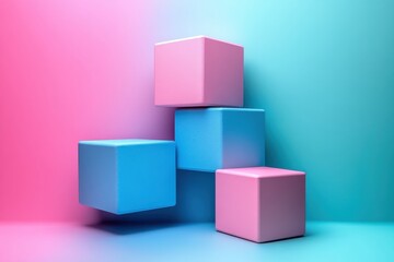Fototapeta premium A minimalist arrangement of pink and blue cubes on a gradient background.