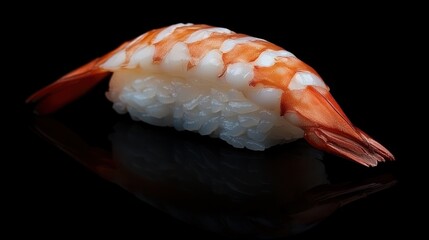 A piece of sushi featuring shrimp on a bed of rice, presented on a black background.