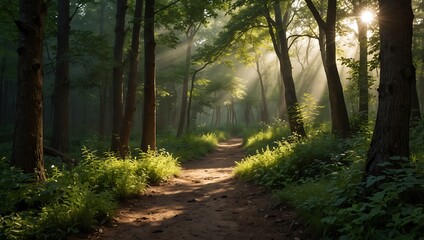 Fototapeta premium A serene forest path lined with lush greenery, illuminated by soft sunlight filtering through the trees.
