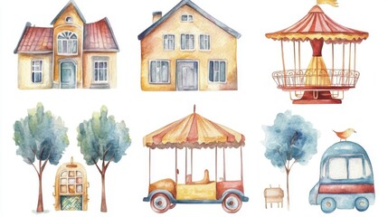 Charming Watercolor Town Illustrations - Houses, Cars, and Trees