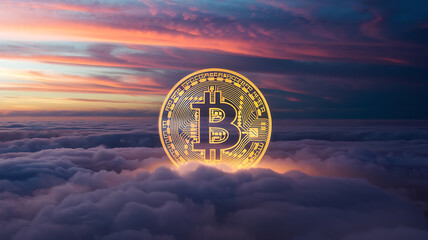 Bitcoin logo glowing in an ethereal cloudscape for a surreal art effect Photography copyspace