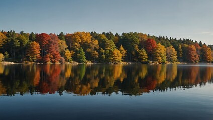 Obraz premium A calm lake reflects a vibrant autumn forest with trees in shades of red, orange, and yellow under a clear blue sky.