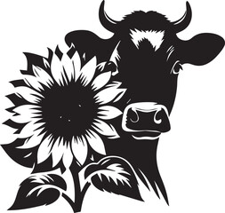 Obraz premium A cow peeking from behind a sunflower vector black silhouette