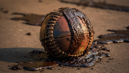 a dirty soccer ball covered in mud