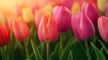 Fototapeta premium Farmland fields landscape sunset, Vibrant tulips in various shades bloom under soft sunlight, creating a colorful floral display.