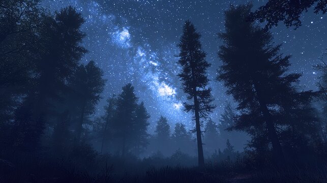 A forest at night with a clear view of the Milky Way above, as the treetops frame the starry sky. The soft glow of moonlight highlights the silhouette of the trees. The scene feels serene and 