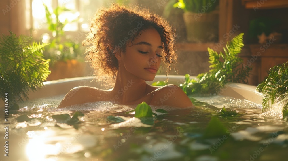 Poster a young woman enjoys a calming bath, immersed in warm water and surrounded by vibrant greenery. sunl
