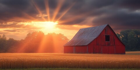 Red Barn Against Golden Wheat Field with Sun Rays Emerging from Clouds at Sunset