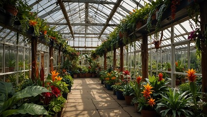 Obraz premium A bright greenhouse filled with vibrant tropical plants and flowers, casting intricate shadows on the stone walkway.