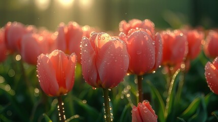 Soft Morning Light on Blooming Tulips in Garden