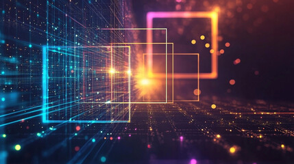 Abstract Digital Landscape with Colorful Light Effects,  abstract geometric background with neon square frame glowing with gradient light in the dark.