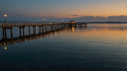 A tranquil pier extends over calm waters at sunset, with glowing lights reflecting on the surface and soft clouds above.