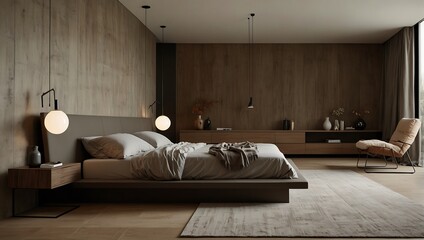 A modern bedroom with a low-profile bed, wooden walls, soft lighting, and a cozy chair, featuring minimalist decor elements.
