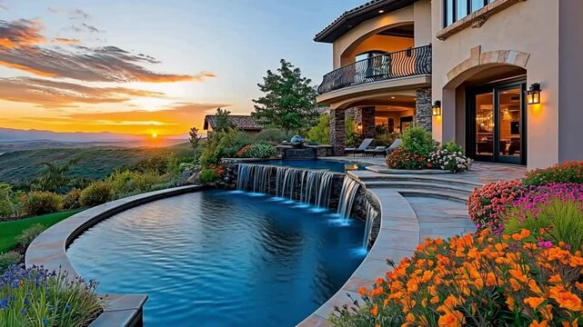 A luxurious home with a pool and waterfall, overlooking a stunning sunset view. Concept of elegant living, outdoor luxury, and serene landscapes.