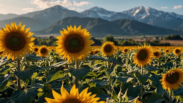 A field of vibrant sunflowers in the foreground, with majestic snow-capped mountains under a clear blue sky in the background.