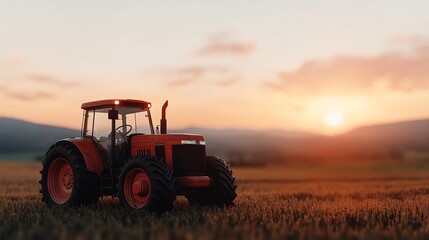 Obraz premium Farmland fields landscape sunset, A red tractor in a field during sunset, surrounded by mountains and a warm golden sky.