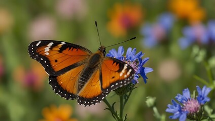 Fototapeta premium A vibrant orange butterfly with black edges rests on a blue flower, surrounded by a colorful field of blooming flowers.