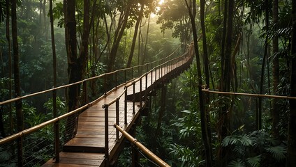 Fototapeta premium A wooden walkway winds through a lush, misty rainforest, surrounded by dense greenery and dappled sunlight filtering through trees.