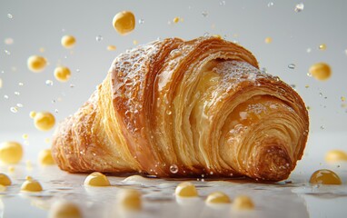 Fresh Croissant with Droplets and Yellow Spheres