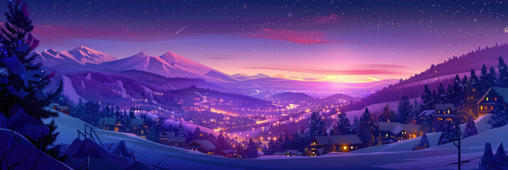 snow-covered houses and cottages glow with lights against the backdrop of winter mountains, twilight, evening sky with stars, for a ski resort banner, blue and purple