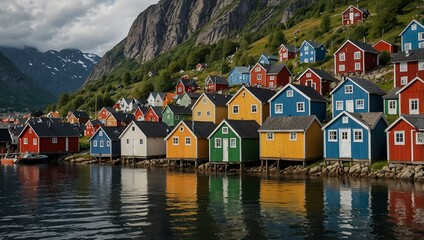 Colorful houses in shades of red, blue, and yellow line the waterfront, reflecting in calm waters with mountainous backdrop.