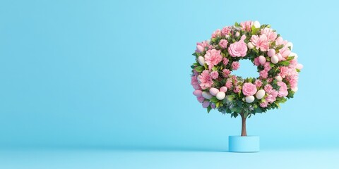 Fototapeta premium Floral frame. Flower wreath made of pink floral tree on blue background. Flat lay, copy space