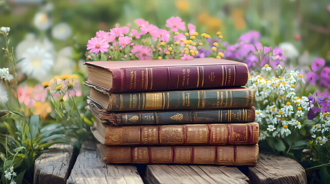 Rustic stack of vintage books surrounded by wildflowers on wooden table, celebrating cottagecore aesthetic and countryside charm. Edenic. Illustration