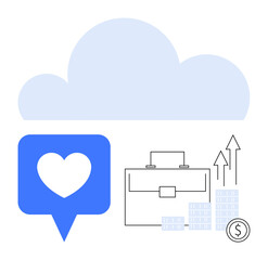 Cloud icon above business briefcase, increasing graph, stacks of coins, heart in speech bubble. Ideal for digital marketing, finance, business development, cloud services, social media technology