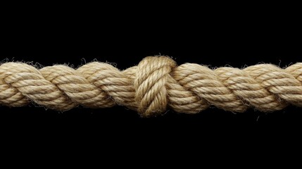 Close-up of a thick natural rope with a knot.  Detailed view of the rope's texture and fibers. Nautical and durable rope detail.