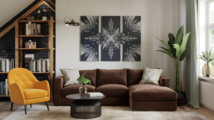 interior design mockup Farmhouse country style home interior design of modern living room with dark brown velvet sofa wooden wall decor and metallic artwork for a modern earthy feel Electric Cyan Neo