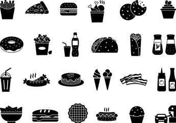 Black Fast Food Icons Set. Vector Icons Burger, Pizza, Hot Dog, French Fries, Sandwich, Cupcake, Soda, Sausage, Fried Chicken, Pop Corn, Burrito, Nachos, Ice Cream, and More