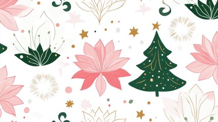 A festive pattern featuring floral designs and a Christmas tree in pastel colors.