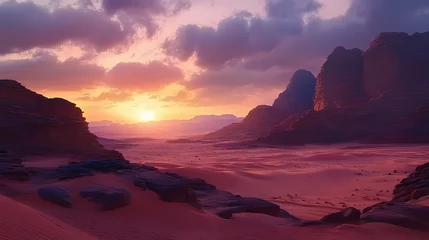 Selbstklebende Fototapeten Dusk settles upon vermilion-kissed desert landscapes of wonder. Edenic. Illustration © Thiago