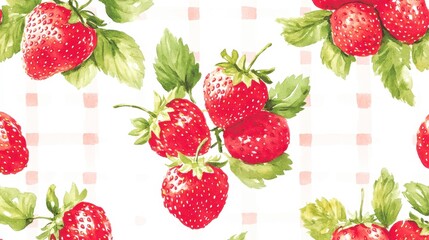 Vibrant watercolor illustration of fresh strawberries with leaves on a light background, Ideal for food blogs, recipe cards, and seasonal promotions related to desserts or healthy eating,