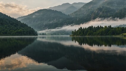 A tranquil lake reflects lush green hills and misty mountain peaks under a cloudy sky, creating a serene landscape. - Powered by Adobe