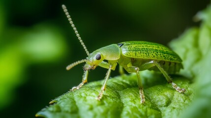 Naklejka premium Emerald Green Beetle on a Vibrant Leaf