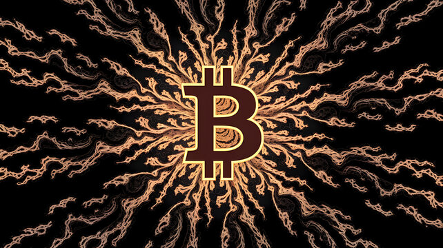 Abstract Bitcoin logo exploding in fractal designs for an artistic touch Photography copyspace glossy effect