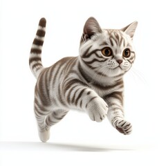 3D icon of an American Shorthair cat in mid-sprint, fur in various tones of brown and gray, isolated on a clean white background