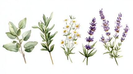 Fototapeta premium Watercolor Botanical Illustration of Aromatic Herbs and Flowers