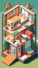 "A minimalist urban house with a narrow facade, vertical gardens, and simple geometric shapes.