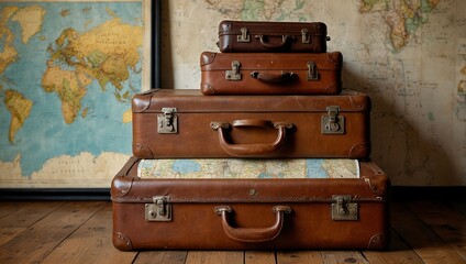 Three vintage brown suitcases stacked on a wooden floor, with a map showing in the middle suitcase, and world maps in the background.