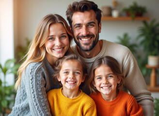Obraz premium Familia multicultural abrazando a sus hijos en un ambiente hogareño