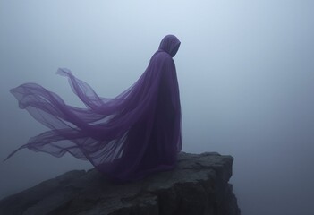 Dark gothic art, cloaked figure atop rocky outcrop, billowing fabric swirling in mist