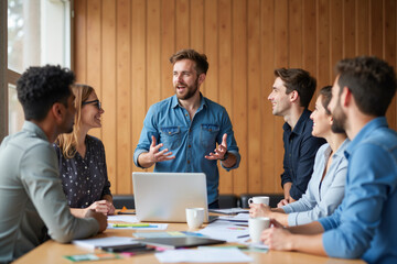 Equipo de trabajo colaborando en una reunión profesional en oficina moderna