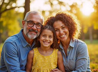 Familia multicultural sonriendo en parque al atardecer