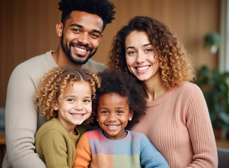 Familia diversa con dos niñas pequeñas en un espacio acogedor