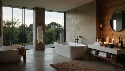Fototapeta premium A modern bathroom with large windows, featuring a freestanding tub, wooden accents, candles, and a cozy rug.