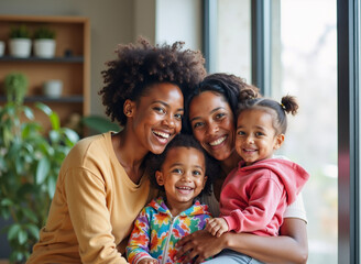 Madres afrodescendientes con dos hijos pequeños en casa cálida